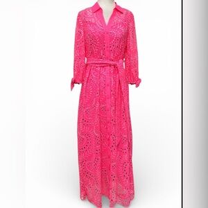 Lilly Pulitzer Amrita Midi Dress – Swirly Fern Scallop Eyelet – Pink – Size 14